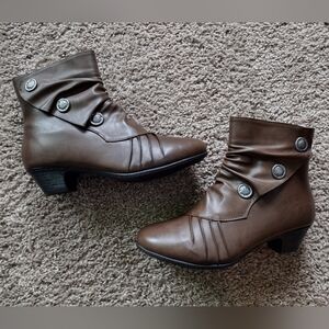 Kadi Maya Brown Faux Leather Ankle Boots with Button Detail